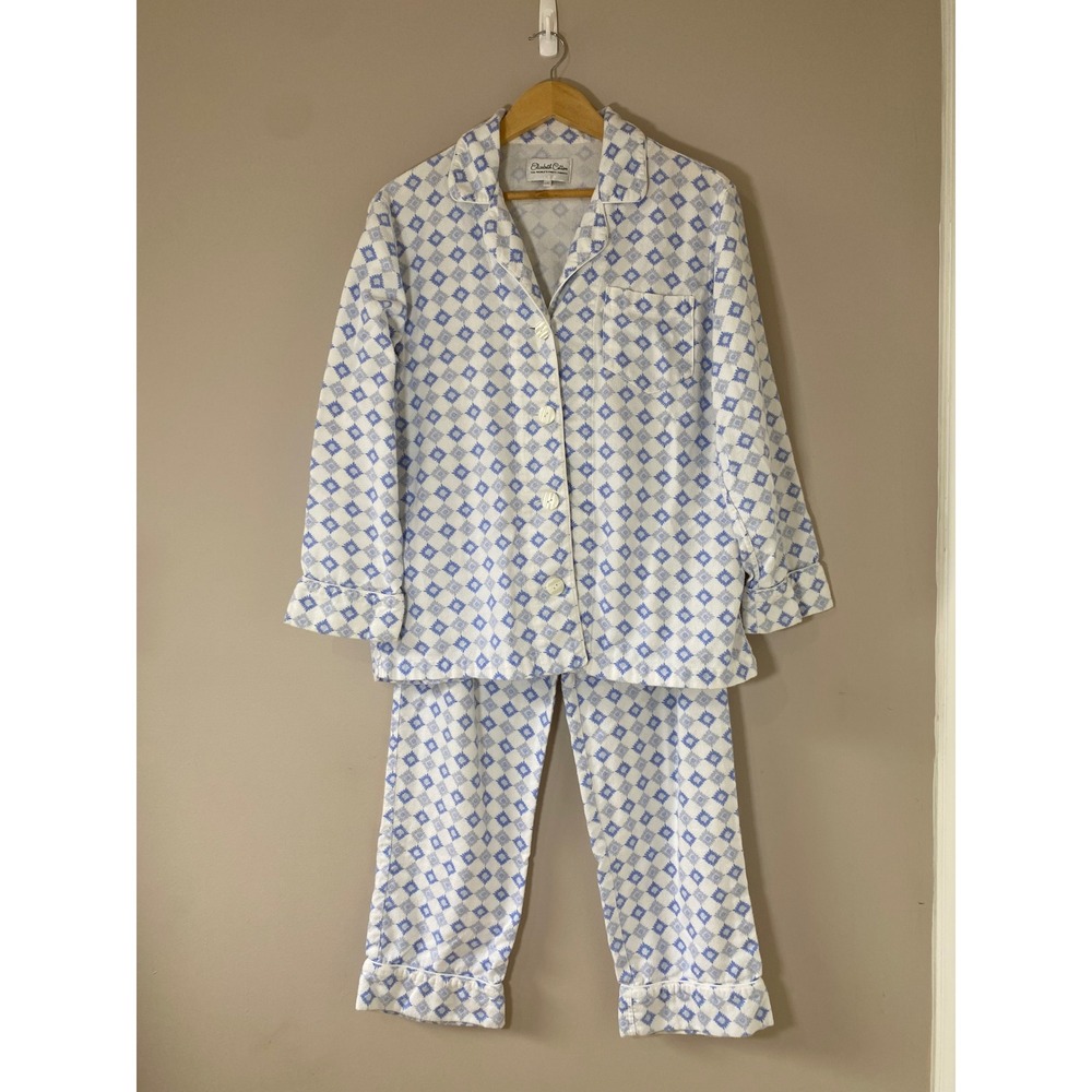 Elizabeth Cotton Womens Flannel Pajama Set Blue White Diamond Button Down Top  M
